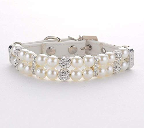 Halsband für Hunde,Hundehalsband mit Perle,Hunde-Katzen-Mode-PU-Leder-Perlenhalsband mit Bling-Strass-Diamant,Verstellbares Chihuahua-Hundehalsband für Hunde,Katzen,Welpen,Kätzchen,L,1.5X37CM