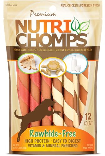 NutriChomps Dog Chews, 5-inch Twists, Easy to Digest, Rawhide-Free Dog Treats, 12 Count, Real Chicken, Peanut Butter and Milk flavors