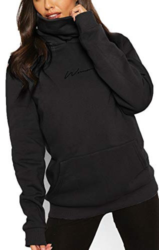 ELFIN Women's Long Sleeve Casual Hooded Sweatshirts Cowl Neck Jumper Top Outwear Pullover Hoody Black