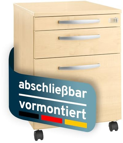 Rollcontainer mit Schubladen, abschließbar & vormontiert aus Stahl & Dreischichtplatten mit Metall Griffen,Schreibtisch Schrank mit Hängeregisterauszug,Büro Unterschrank,Schubladenschrank Ahorn