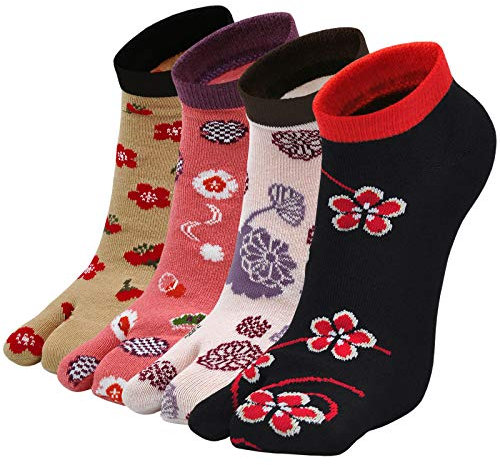 PUTUO Chaussettes Tabi Femme Japonaise Flip Flop Sandale Geta Chaussettes en Coton, Chaussettes Tong pour Femme, 36-41, 4 Paires,Chaussette-A