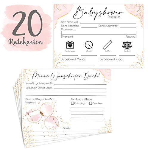 cozy racoon Babyshower Spiele Set, 5 Babyparty-Spiele (je 12 Stück) zum Ausfüllen - für Jungen und Mädchen I Persönliches Geschenk für Schwangere - Design Glamour