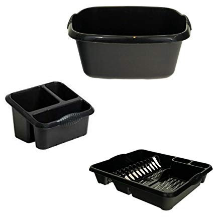 Plastic Large Kitchen Sink Set of 3 Rectangular Washing Up Bowl, Sink Tidy and Large Dish Drainer - Mid-night Black (Darkish Grey)