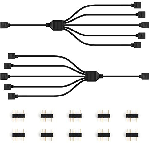 Cavo di Alimentazione RGB, 2 Pcs Cavo Splitter per Ventola per Alloggiamento, Cavo Splitter per Ventola 1 a 5 per Computer e Ventola di Raffreddamento del Processore e Cavo di Alimentazione a 3 Pin