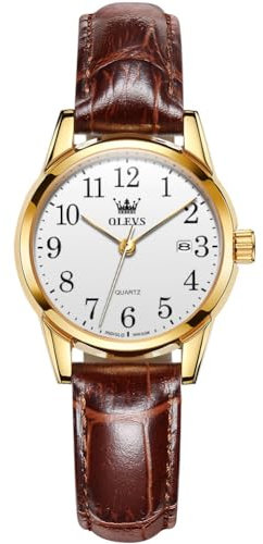 OLEVS Ladies Watch Analog Quartz Small Number Easy Read Dial Casual Brown Leather Strap Watches for Women