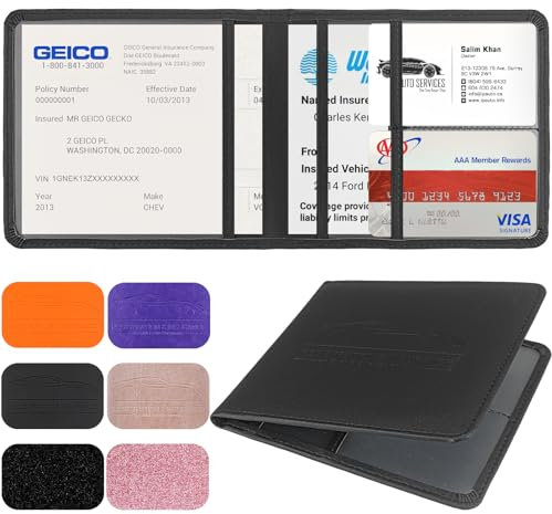 Portecarte d'immatriculation et d'assurance en cuir de qualité supérieure Organiseur de voiture Étui portefeuille avec fermeture magnétique pour cartes documents essentiels permis de conduire Noir
