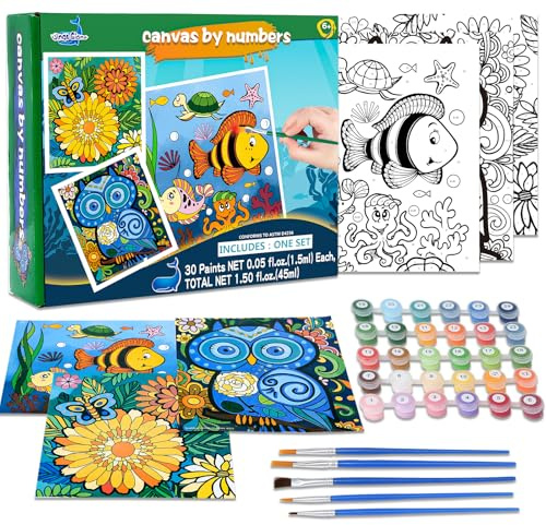 3 Pack Paint by Numbers for Kids Ages 8-12, Pre-Printed Acrylic Oil Painting, Includes (8x10, 8x9, 8x8 inch) Framed Canvas with 30 Acrylic Paint Pots, 5 Brushes for Kids, Art Supplies for Kids 9-12