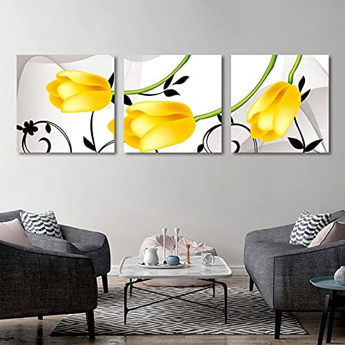 OUSHION ART Moderner Stil Tulpe Gelbe Blumen Weißer Hintergrund Wandkunst Poster Bild Leinwand Bilder Wohnzimmer Schlafzimmer Dekoration Wandbild 40x40cmx3pcs Rahmenlos