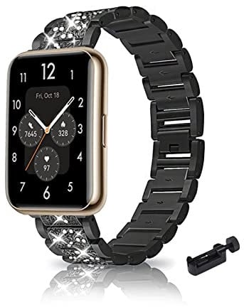 Metall Armband Kompatibel mit Huawei Watch Fit 2 Armband Edelstahl Für Damen Herren Funkelnd Ersatz mit Schnalle Elegant Uhrenarmband Für Huawei Watch Fit 2 (Schwarz)