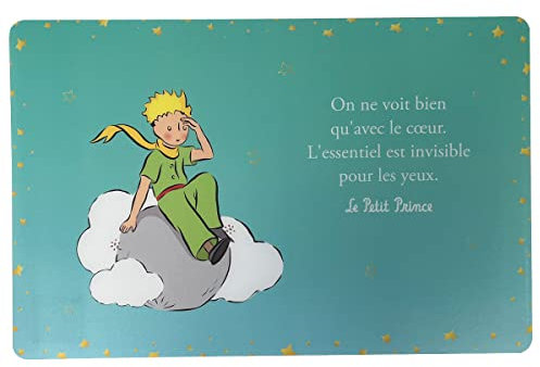 Tischset, Motiv: Der kleine Prinz, sitzend auf einer Wolke und sehr stark mit seinem Fuchs und seiner Rose – Himmelblauer Hintergrund mit Sternen rund