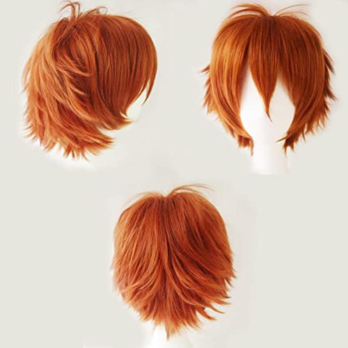 Anime Perücke Orange Kurze Cosplay Perücken Halloween Damen Herren Synthetische Gerade Fancy Dress Perücke Gewellt Glatt Perücke Karneval Kostüm Party Perücke mit Gratis Mütze für Frauen Männer