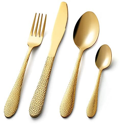 Lot de 16 couverts pour 4 personnes - En acier inoxydable de qualité supérieure - Pour la maison, les fêtes, les restaurants - Motif martelé - Passe au lave-vaisselle - Doré