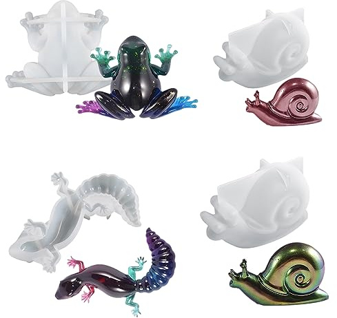 DeryArcle 4 Stück Epoxidharz Formen Tiere 3D, Silikonform Frosch Eidechse Harzform Gießformen Schnecken Resin Animal Mold für Wand Garten Schreibtisch Zimmer Dekoration Handwerk