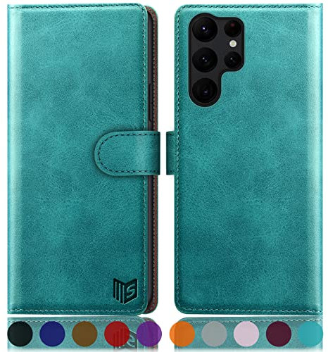 SUANPOT [RFID Schutz für Samsung Galaxy S23 Ultra Hülle PU Leder Handyhülle Lederhülle Klapphülle Kartenfach Flip Cover für Samsung S23 Ultra Handy hülle Leather Wallet Phone Case Blau Grün