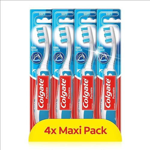 Colgate Zahnbürste für Unterwegs, weich, 4 Stück, faltbar - Reisezahnbürste in kompakter Größe ideal für Koffer und Taschen