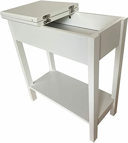 Fefe® Wooden Narrow Flip Top Sofa Bed End Table Night Stand With Shelf White Narrow Side Table, Slim Bedside Flip Top End, Couch Arm Chair Side with Storage Shelf, Lamp Laptop