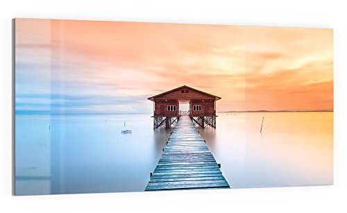 DEQORI WTD - Cuadro de cristal acrílico (100 x 50 cm), diseño de puente de madera con cabaña, horizontal, 1 pieza, 100 x 50 cm, decoración moderna