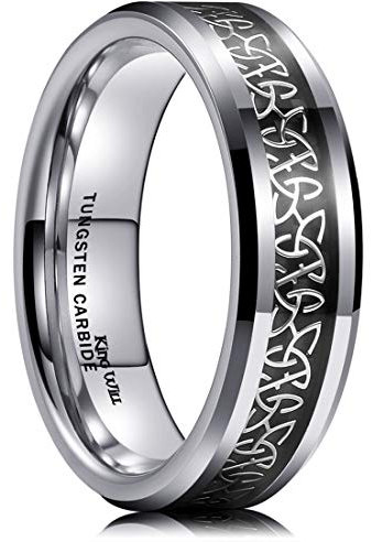 King Will Anillo clásico de carburo de tungsteno con incrustaciones de nudo celta de 6 mm, anillo de boda para hombre, anillo de compromiso, ajuste cómodo, 9, Tungsteno, Sin piedras preciosas