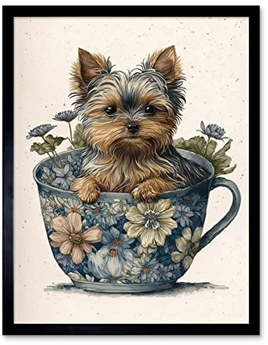 Artery8 Cute Teacup Yorkshire Terrier Dog and Flowers in Floral Tea Cup Modern Watercolour Illustration Artwork Framed Wall Art Print 9X7 Inch