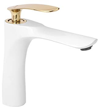 Rea Waschtischarmatur ORBIT WHITE GOLD LOW Wasserhahn Bad Badarmatur aus Messing Armatur für Waschbecken Badezimmer Mischbatterie Waschbecken Einhebel (Weiß)