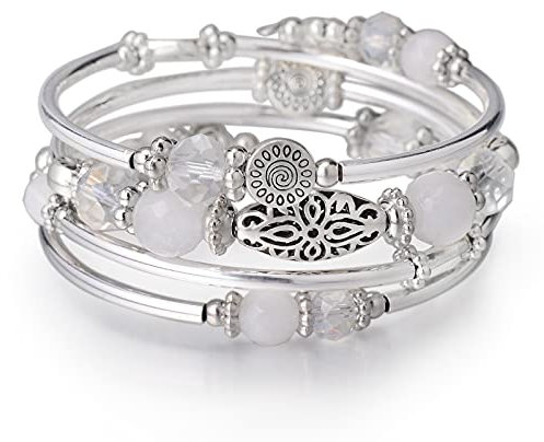 FULU AUTUMN Damen Boho Armband mit Mehrschichtiges Perlen Silber Wickelarmband Modeschmuck Geschenke zum Geburtstag und Muttertag für Frauen(White)
