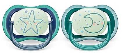Philips Avent Sucette ultra air - 2 sucettes légères, aérées et phosphorescentes pour bébés âgés de 6 à 18 mois, sans BPA, avec étui de transport stérilisateur, Bleu (modèle SCF376/13)