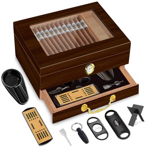 TRBIHCX Abschließbarer Zigarren-Humidor | Pfirsichholz ausgekleideter Zigarren-Humidor | Frontmontiertes Hygrometer, Zubehörschublade, komplettes Zubehör-Set | Für 20–70 Zigarren (Black Walnut)