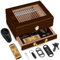 TRBIHCX Abschließbarer Zigarren-Humidor | Pfirsichholz ausgekleideter Zigarren-Humidor | Frontmontiertes Hygrometer, Zubehörschublade, komplettes Zubehör-Set | Für 20–70 Zigarren (Black Walnut)