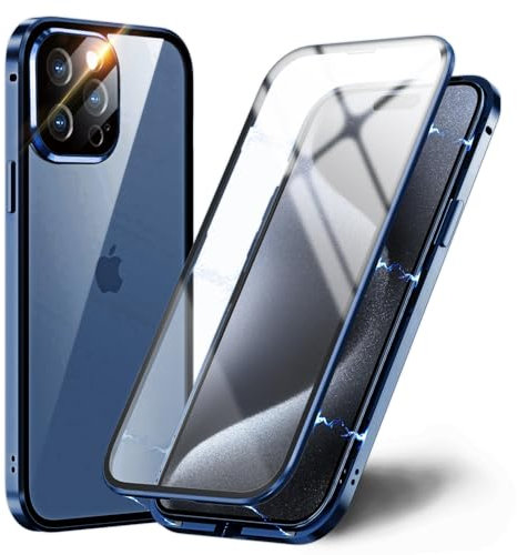 OMGZONE Magnetic Case for iPhone 15 Pro Max Full Body Cover,Screen Protector built-in Transparent Tempered Glass and Camera Protector,360 Degree Metal Bumper Case for iPhone 15 Pro Max,Clear Blue