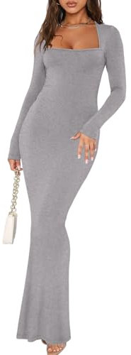 REORIA Women's Sexy Square Neck Long Sleeve Tight Maxi Dress Cute Casual Modest Ribbed Knit Bodycon Lounge Long Dresses Light Grey Small