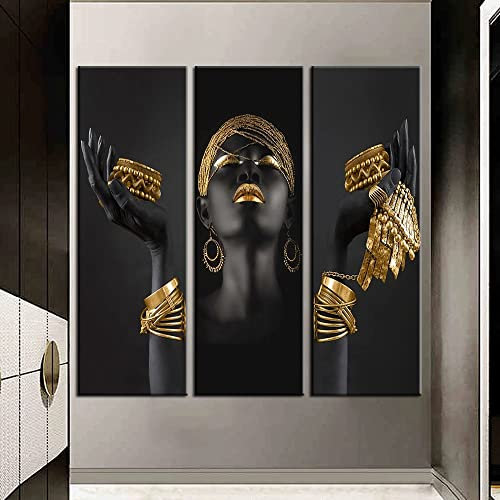 3 Pièces Poster Mural, Impression sur Toile Tableau Femme Africaine, Noir et Doré, Peinture Abstraite, Abstrait Toile Decoration Murale pour la Salon, Sans Cadre (Noir Or Femme, 60 x 120 cm x3)