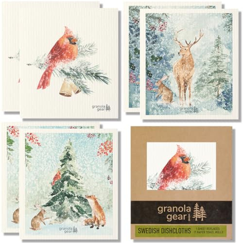 Home by GranolaGear-Premium Christmas Swedish Dishcloths for Kitchen 6-Pack Reusable Paper Towels, Eco-Friendly, Compostable, Biodegradable Dish Cloths, Washable Sponge, Watercolor Art-Winter Cardinal