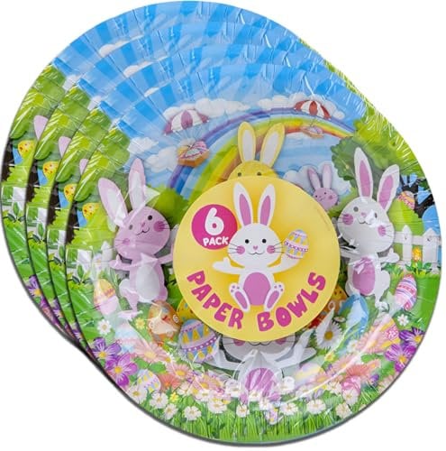 Quickdraw 24 x Easter Paper Bowls 15cm Cute Bunnies & Eggs Design Party Tableware for Sweets Snacks & Treats