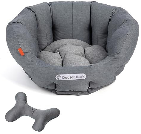 Doctor Bark - Hundebett rund - kuscheliger Hundekorb kleine Hunde mit orthopädischem Wendekissen und ToyBone - Waschbar bis 95°C - Made in Germany (S - 40x35 cm, Hellgrau)