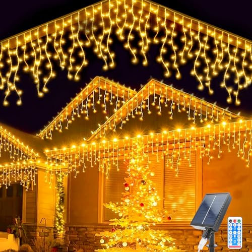 Solar Lichterkette Aussen, 8M Wasserdichte Vorhang Lichter 8 Modes 264 LEDs Eisregen Lichterkette 44 Pcs String Lichter mit Fernbedienung für Garten Hochzeit Party Hausdach Weihnachtsdekoration