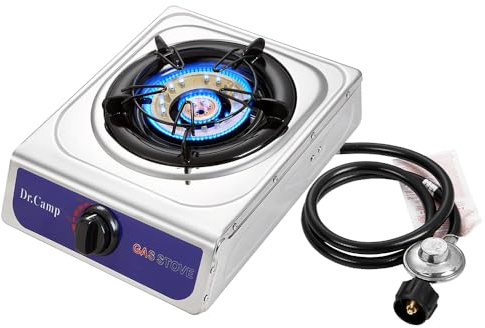 Dr.Camp 12000 BTU - Plancha de propano de encendido automático individual para camping, jardín, senderismo, pesca, propano, incluye regulador listado CSA y manguera de gas, plateado, HT-G-1029