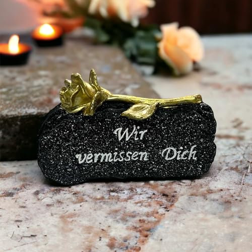 eberin · Ewige Erinnerung: Grab Gedenkstein mit Goldrose · Trauerspruch 'Wir vermissen Dich' · schwarzer wetterfester Polystein mit Rose · Grabdekoration · Höhe 9 cm x Breite 14,5cm