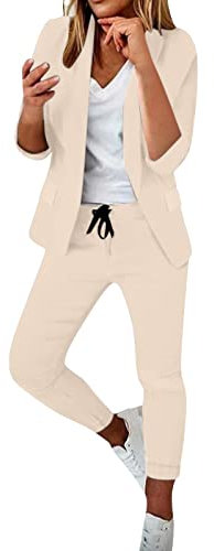 Business Hosenanzüge Für Damen Modern Elegant Anzüge Set Einfarbig Streetwear Zweiteilig Hosenanzug Anzughose Slim Fit Büro Lässig Frauen Langes Ärmeln Anzugjacke Sommer Freizeitanzug (2-Beige-c, XXL)