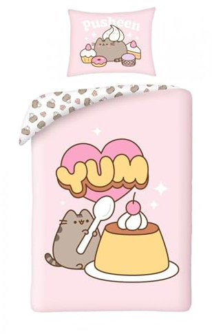 Halantex PUSHEEN YUM Pudding Sweet Shop wendbares Bettwäsche-Set für Einzelbett, 2-teilig, Bettbezug 140 x 200 cm und Kissenbezug 70 x 90 cm, 100 % Baumwolle, Ökö-Tex Standard 100