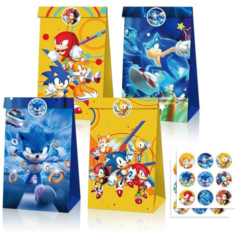 Xingbiyou Sonic Sacchetto per Caramella, 24 Pezzi Sacchetti Carta Kraft, Sonic Sacchetti Regalo per Feste con 36 Adesivi, Sacchetti Compleanno Bambini, per Bambini Feste di Compleanno