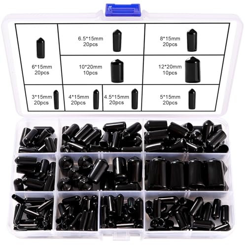 YIXISI 160 Stücke 9 Größen 3-12 mm Gummiendkappen Sortiment Set, Schraubengewindeschutz Rundrohr, Gummi Endkappen, Runde Flexible Endkappen aus Vinyl, für Schrauben, Rohre, Kabel, Schwarz
