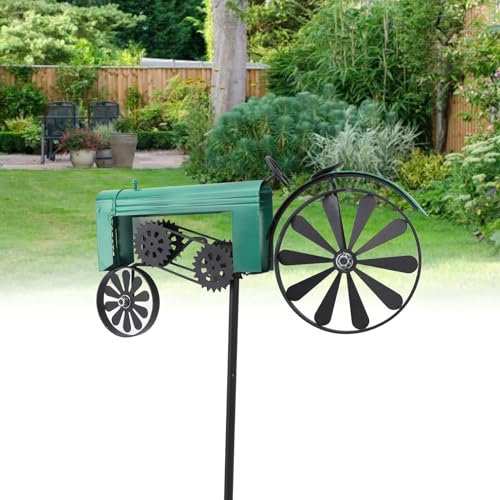 Tnfeeon Traktor-Windspiel mit Pfählen, Windrad für Gartendekoration, Vogelgeräte, Abschreckung, um Vögel Vom Hof, Terrasse, Bauernhof, Metall-Außenpfahl, Windmühlen-Dekoration für (Green)
