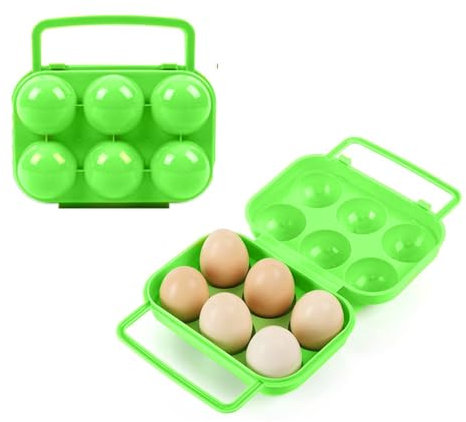 2 Piezas Envase de Huevos Portátil, 6 Celdas Hueveras de Plastico Organizador de Huevos Caja de Huevos de Almacenamiento Contenedor Huevos con Asa para Cocina, Picnic, Verde