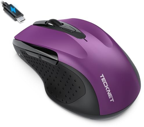 TECKNET Bluetooth Mouse Jiggler, Rechargeable Wireless Mouse (BT 5.0/3.0+2.4G) with Build-in Jiggler Mover Keeps Computer Awake, 4800 DPI Silent Ergonomic 6 Buttons Mouse for Laptop, Purple