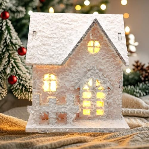 Weihnachtsdorf mit Beleuchtung,Weihnachtsdeko Innen Holz Wichtelhaus mit LED Licht,Weihnachtshaus Winter Deko Holzhaus,Lichthaus Weihnachtshäuser Weihnachtsstadt Häuser Weihnachten Deko (B)