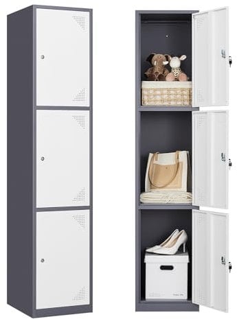 Sightlife Metallspind Storage Cabinet, Stahl Garderobe Locker mit abschließbaren Türen, Metallschrank Office Storage Cabinet mit 2 verstellbaren Regalen und Haken für Haus, Schule (3Tür)