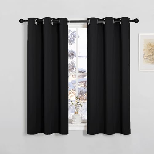 PONY DANCE Short Blackout Eyelet Curtains, Black, 2 Panels, W37 x L40 Inch | Thermal Curtains 40 Inch Drop for Caravan & Bedroom with Room Darkening, Privacy Protection & Noise Reduction
