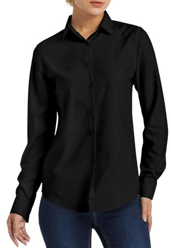 JiaYouLC Women's Long Sleeve Blouses & Shirts Stretch Formal Button Down T Shirts Executive Office Business Casual Tops for Ladies (UK, Alpha, L, Regular, Regular, Black, Long Sleeve)