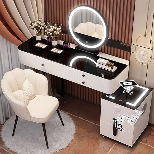 WSJJXS Dressing Table with Mirror and Stool, White Vanity Desk with Drawers for Bedroom, Makeup Desk with LED Lights/Wireless Charging/USB Charging Port/Bluetooth speaker