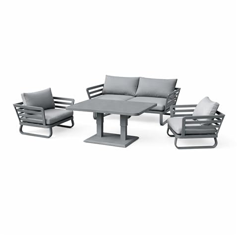 4 Seater Aluminium Garden Furniture Set Grey with Rising Dining Table | Loveseat, Armchairs, Rising Dining Table, Thick Cushions, for Lounge, Conservatory and Balcony Seating